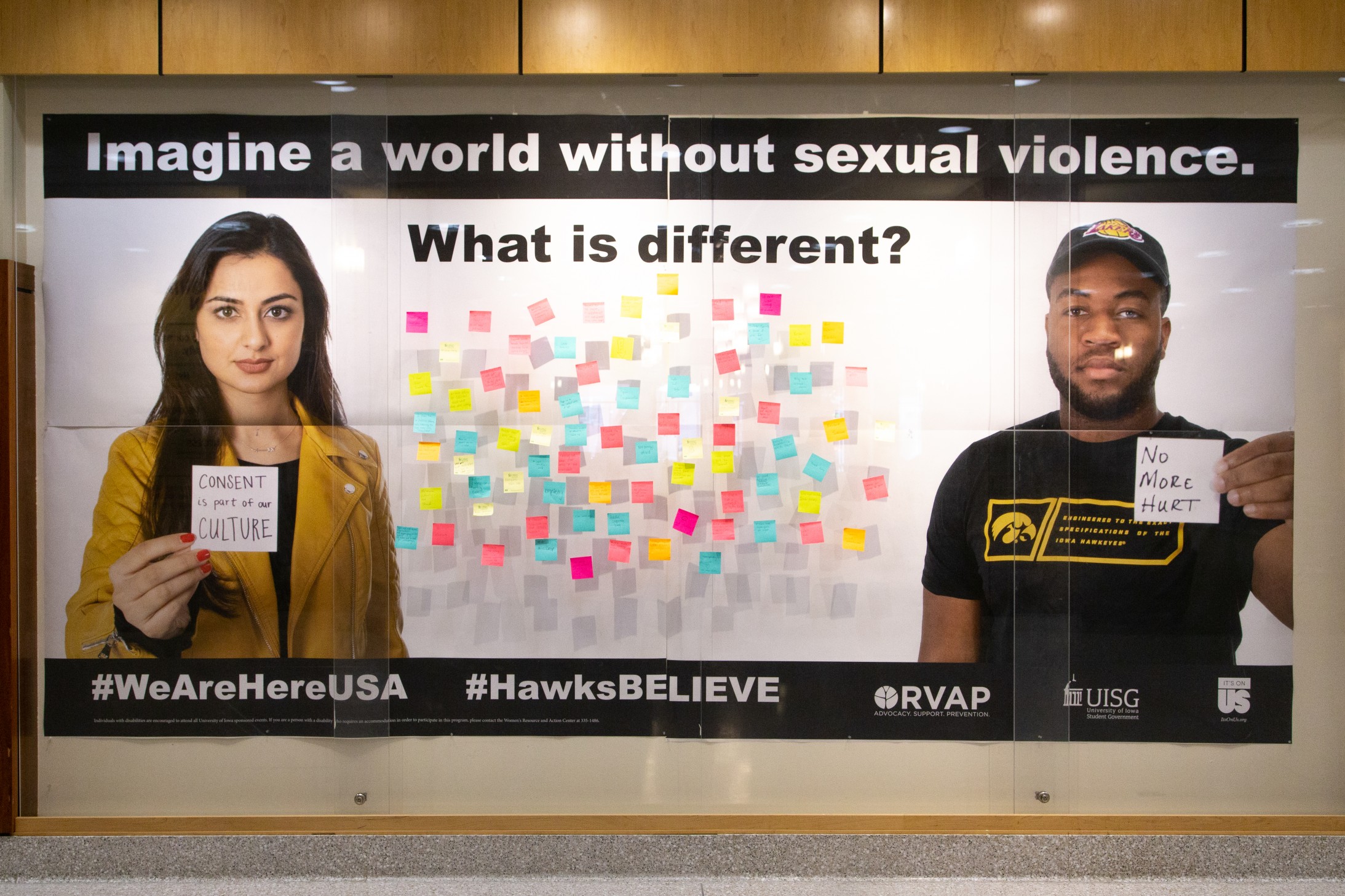 Large poster in the IMU containing the text "Imagine a world without sexual violence."